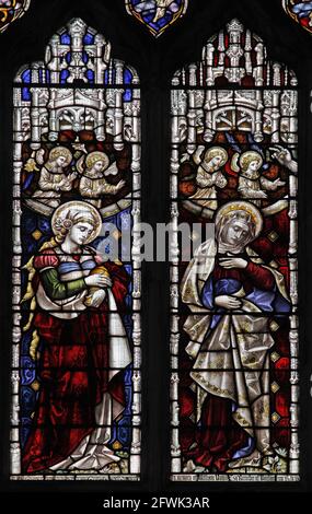 Stained glass window by Clayton & Bell; St Mary Magdalene and Mary, Wife of Cleopas at the Crucifixion of Jesus, Lady St Mary  Church, Wareham Stock Photo