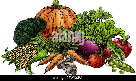 Vegetables Fruit Produce Food Illustration Woodcut Stock Vector