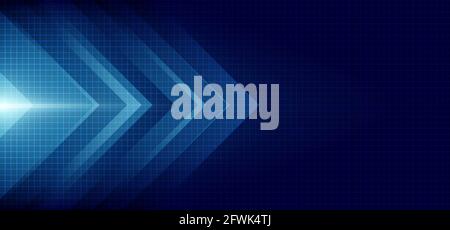 Abstract blue arrow glowing with lighting and line grid on blue ...