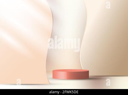 3D realistic elegant display brown cylinder pedestal podium on beige color wave liquid shape decorate backdrop. You can use for show cosmetic products Stock Vector
