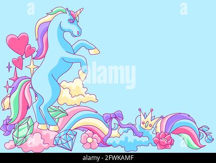 Background or card with unicorn and fantasy items. Stock Vector