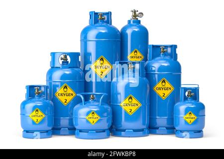 Oxygen gas tanks containers and cilinders of different size isolated on white. 3d illustration Stock Photo