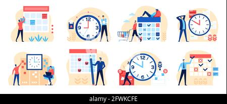 Effective time management. People with clock, calendar. Businessman scheduling tasks, productive work planning, successful workflow vector set. Employee arranging appointment, putting in reminder Stock Vector