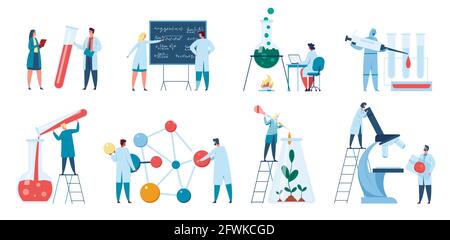 Scientists research. Scientist or biologist working in laboratory. Lab worker in white coat. Biotechnology, scientific research concept vector set. Chemists making invention or analysis Stock Vector