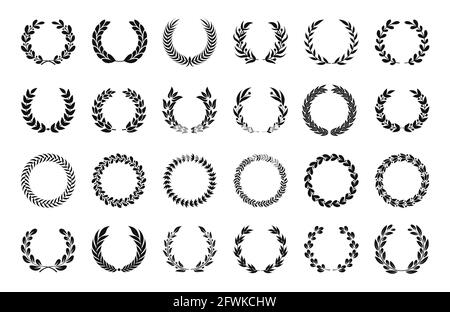 Laurel wreath. Olive or wheat branch emblems, winner award leaf logo, circle leave borders. Antique victory or anniversary wreaths vector set. Geek branch for achievement or honor elements Stock Vector