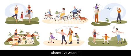 Family outdoor activity. Parents and children spending time together. Having picnic, doing yoga, cycling. Family summer activities vector set. Mother, father and kids having fun on nature Stock Vector