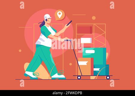 Woman work on online delivery warehouse service Stock Vector