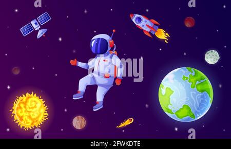 Astronaut in space. Cosmonaut flying in outer space with rocket, satellite, planets, stars. Astronaut on spacewalk cartoon vector illustration. Character discovering outer space in spacesuit Stock Vector