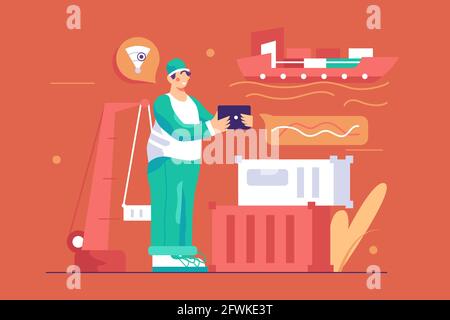 Man worker stay in port Stock Vector