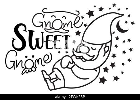 Gnome sweet gnome, gonme sleep happily with stars isolated on white, vector illustration Stock Vector