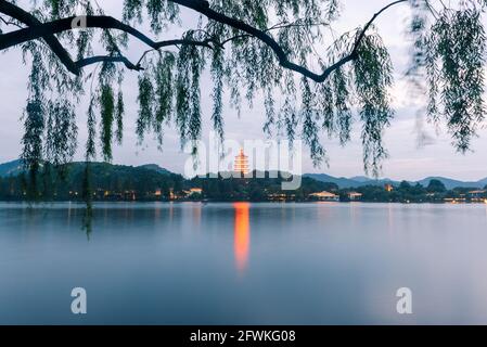 Leifeng Pagoda at night in West Lake,Hangzhou,China Stock Photo