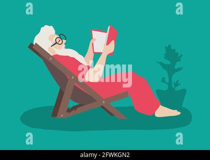 Old Man Reading book sitting in chair vector illustration Stock Vector