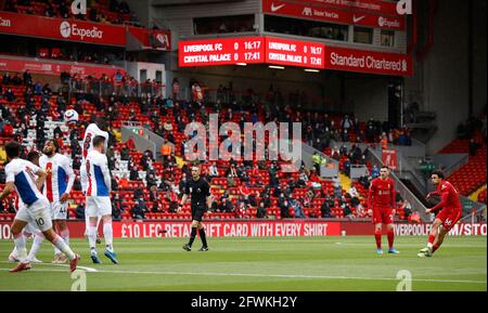 Liverpool's Trent Alexander-Arnold takes a free-kick during the Premier League match at Anfield, Liverpool. Picture date: Sunday May 23, 2021. Stock Photo