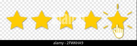 Five yellow stars with hand click. Set of quality rank. Best choice illustration. Hand touching the last star. Rating sign. Design for apps and websit Stock Vector
