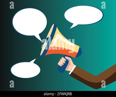 Vector promotion and advertising concept. Male hand holding loudspeaker and announcing something important to the public. Stock Vector