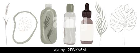 Bundle of compositions with tropical leaves and natural organic cosmetics products in bottles Stock Photo