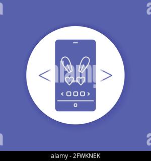 Digital face application color glyph icon. Photo filter bunny ears in smartphone. Pictogram for web page, mobile app, promo. UI UX GUI design element. Stock Vector