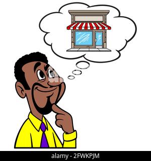 Man thinking about starting a Business - A cartoon illustration of a man thinking about starting a new Business. Stock Vector