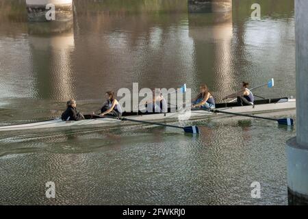 Young women coxed four rowing in early morning regatta at Port of Sacramento, California Stock Photo