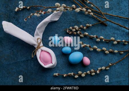 Blooming willow branch and easter eggs Stock Photo