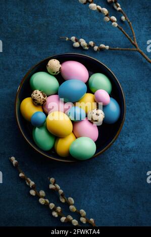 Blooming willow branch and easter eggs in bowl Stock Photo