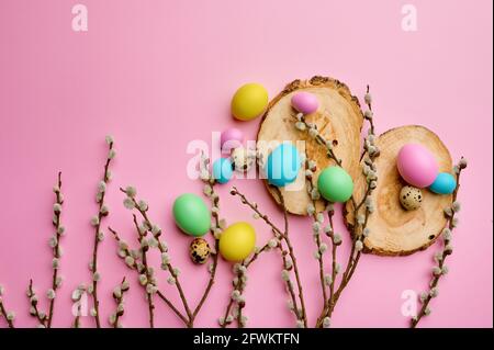 Willow branch and easter eggs on wooden coasters Stock Photo