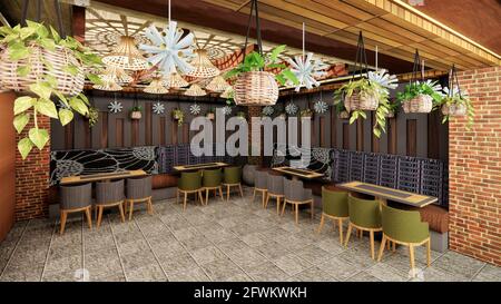 interior of a restaurant .3d render of restaurant with beautiful lights and attractive interior design Stock Photo