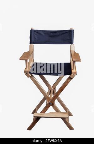 Wooden folding chair isolated on white background. Director's chair with black cloth. Stock Photo