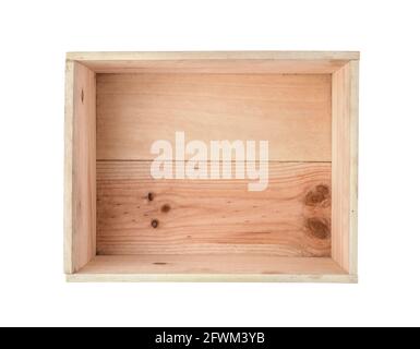 Old rectangular wooden box isolated on white. Top view. Stock Photo