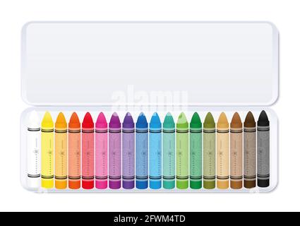 Wax pastel crayons, colorful set in a white metal box sorted by color - illustration on white background. Stock Photo