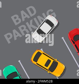 Bad parking car top view. Wrong parking area traffic road rules, flat vector car Stock Vector