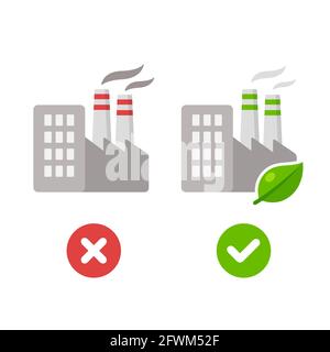 Traditional factory with smoke pollution and modern environmentally friendly plant with green leaf. Ecology and industry vector illustration. Stock Vector