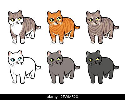 Cartoon cat drawing set, different colors and breeds. Isolated vector illustration, funny chubby cats. Stock Vector