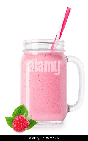 raspberry smoothie with straw in mason jar