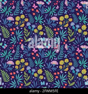 Vector seamless patterns with cute beautiful flowers, butterflies and leaves in minimalistic trendy doodle style. Stock Vector