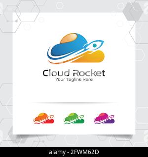 Cloud rocket logo design with concept of colorful cloud vector illustration for hosting provider, server rack, and sharing storage. Stock Vector