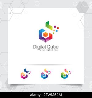 Digital logo letter D design vector with modern colorful pixel for technology, software, studio, app, and business. Stock Vector