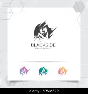 Silhouette photography logo design with concept of vintage camera lens icon and photo vector for photographer, studio photo, and wedding photography. Stock Vector