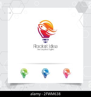 Rocket logo idea design concept of spaceship icon and colorful lamp vector. Rocket bulb logo used for studio, professional and agency. Stock Vector