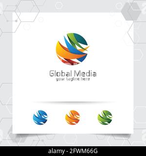 Abstract global logo vector design with arrow on sphere and digital symbol illustration for consulting, technology, and business finance. Stock Vector