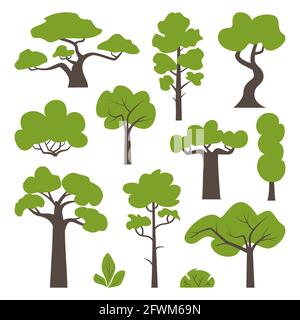 Big set of various green trees and bushes. Tree icons set in a modern flat style. Vector illustration Stock Vector