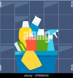 Bottles of detergents and cleaning products in a box, rag and cleaning brush. Cleaning services concept. Vector illustration, flat style Stock Vector