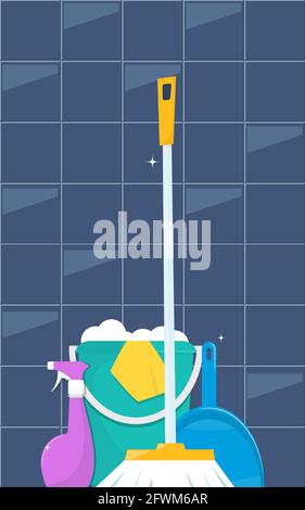 Tools for cleaning and housework. Floor sweeping brush, dustpan, bucket of water and soap suds. Cute flat style vector illustration Stock Vector