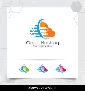 Cloud hosting logo vector design with concept of server and cloud icon illustration for hosting provider, server rack, and sharing storage. Stock Vector
