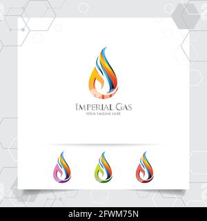 Oil gas logo design vector with concept of fire blazing and oil droplets icon for mining industry and fuel processing. Stock Vector