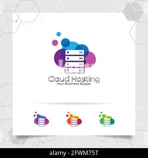 Cloud hosting logo vector design with concept of server and cloud icon illustration for hosting provider, server rack, and sharing storage. Stock Vector