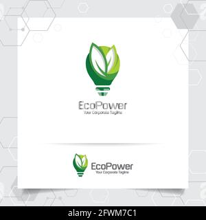 Green logo energy bulb design concept of leaves vector and lamp icon. Electricity logo used for environment and ecology system. Stock Vector