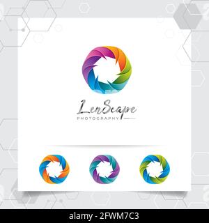 Camera photography logo design with concept of colorful camera lens icon and photo vector for photographer, studio photo, and wedding photography. Stock Vector