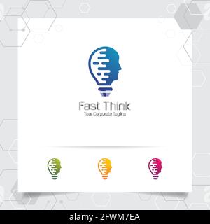 Brain logo bulb design concept of head vector and lamp icon. Smart idea logo used for studio and professional. Stock Vector