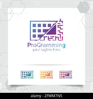Digital coding logo vector design with concept of keyboard icon and programmer illustration for web development, UI/UX, desktop application, and devel Stock Vector